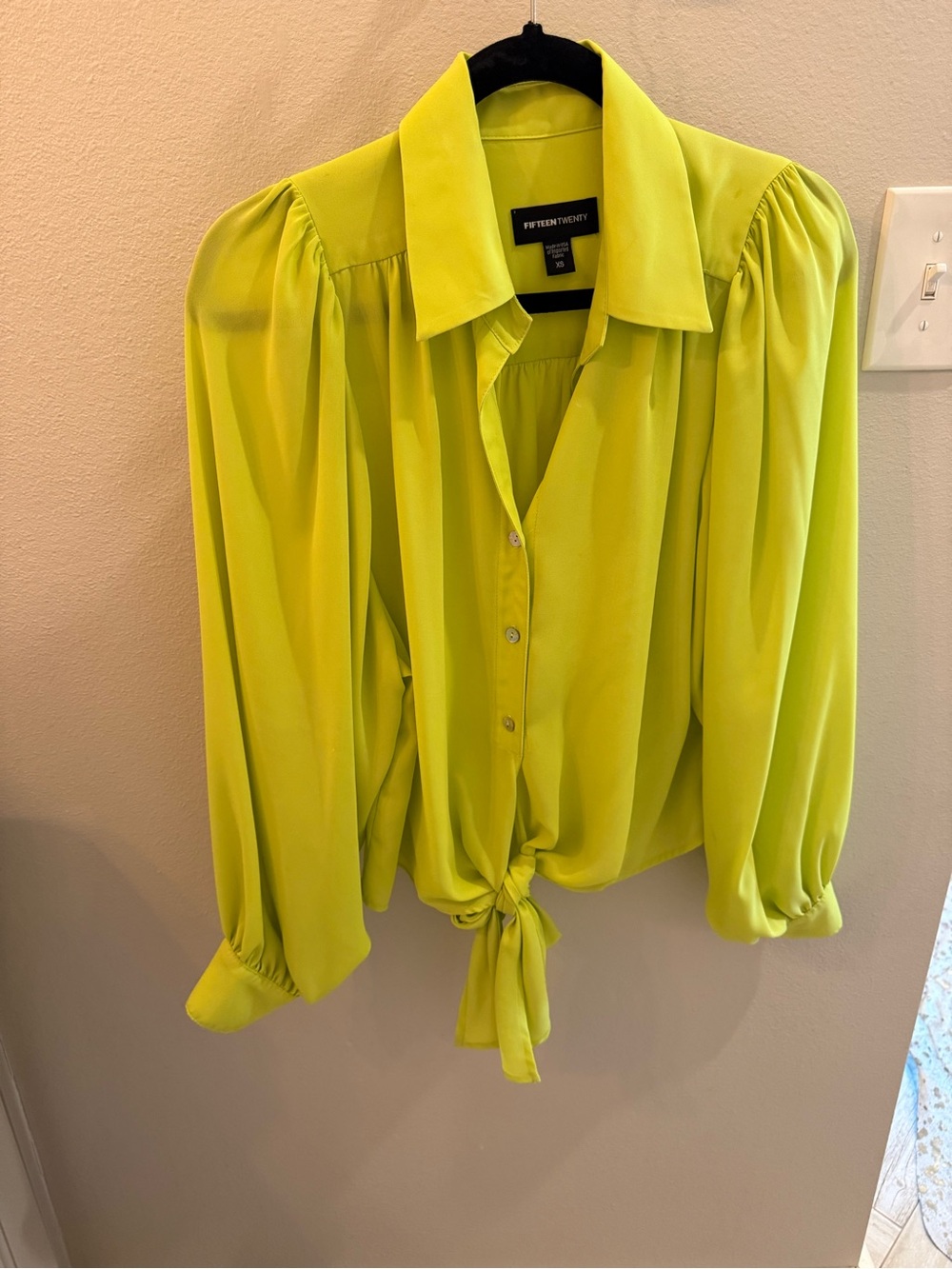 Fifteen Twenty Neon Lime Tie-Front Puff Sleeve Blouse